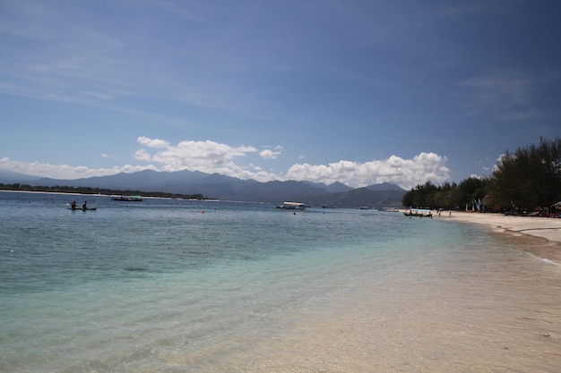 Het strand voor de bergen