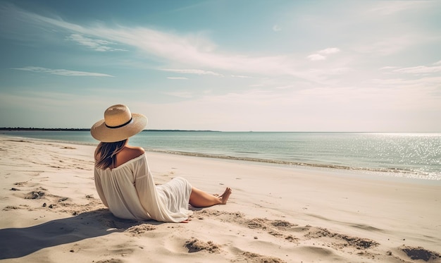 Het strand was bezaaid met mooie vrouwen met grote zonnehoeden die allemaal in de zon lagen te relaxen met behulp van generatieve AI-tools