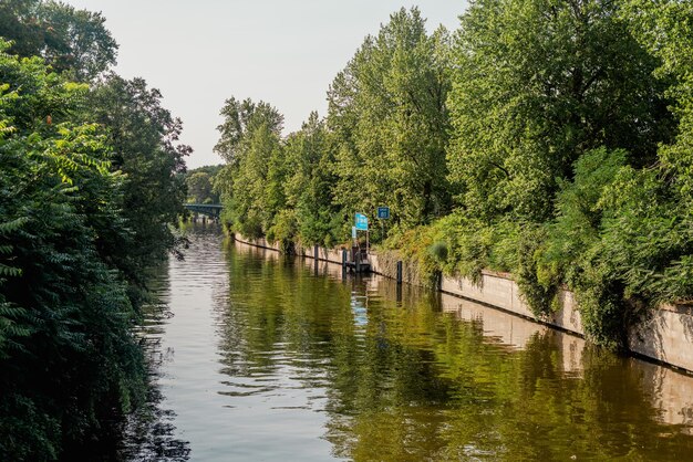 Het stuwmeer is omgeven door bomen