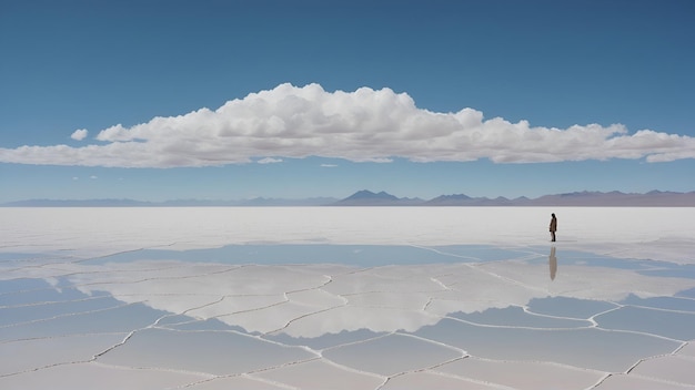 Het surrealistische landschap van Bolivia Salar de Uyuni de grootste zoutvlakte ter wereld die zich uitstrekt tot aan de horizon onder een uitgestrekte blauwe hemel