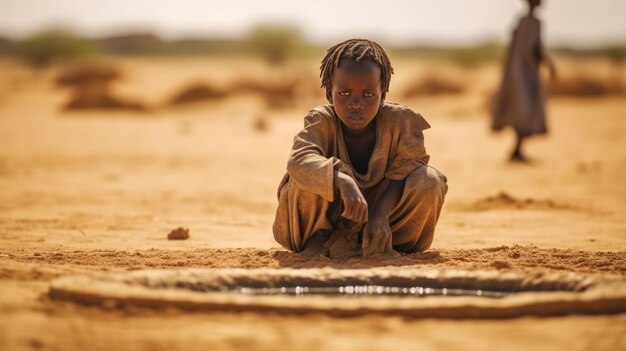 Het symbool van de wereld voor waterschaarste Een jonge man uit Afrika vraagt om water In regio's als Sub-Sahara Afrika gaat de tijd die besteed wordt aan het halen van water verloren