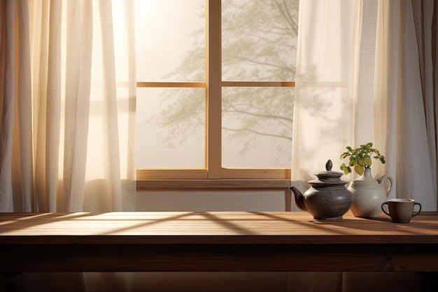 Het tafeltje van hout zit tegen een met gordijnen bedekt raam met een achtergrond van zonnestraling...