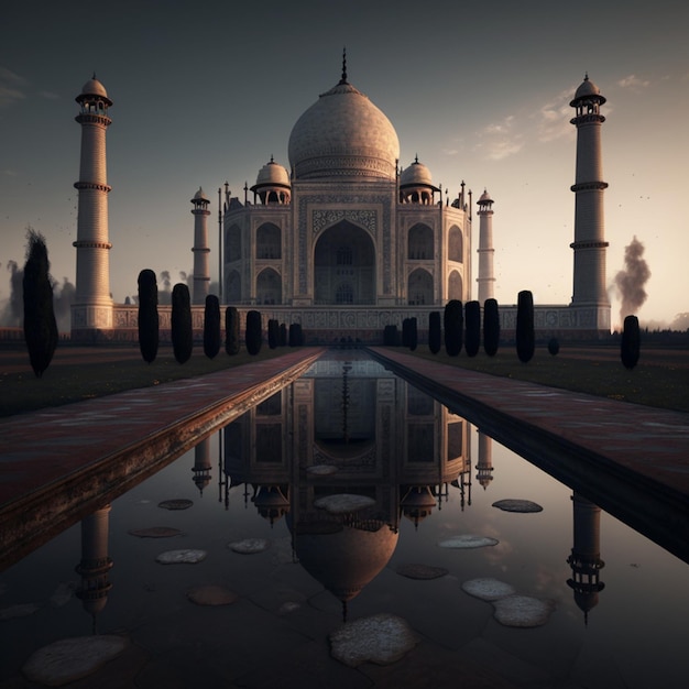 Het Taj Mahal-gebouw met een meer