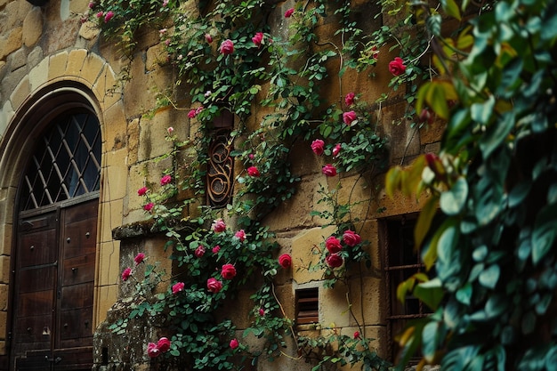 Het tapijt van de natuur De delicate dans van klimop en rozen op de historische stadsmuren