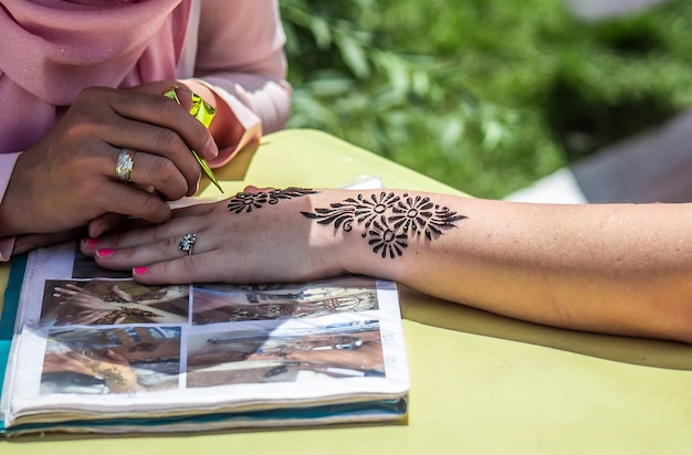Het tekenen van patronen op een henna-hand