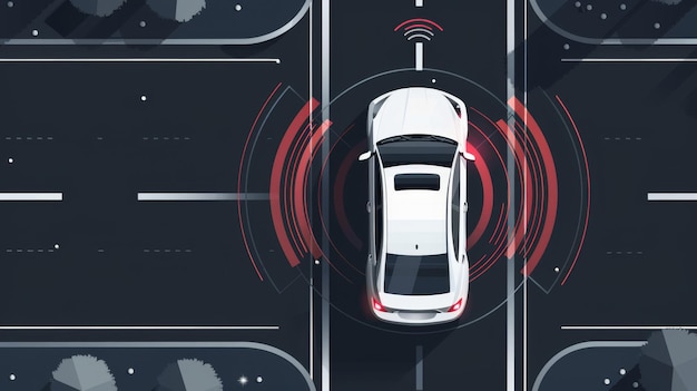 Het toont een monteur die een auto diagnostisch hulpmiddel gebruikt in een rode interieur auto tegen een waarschuwingsscherm