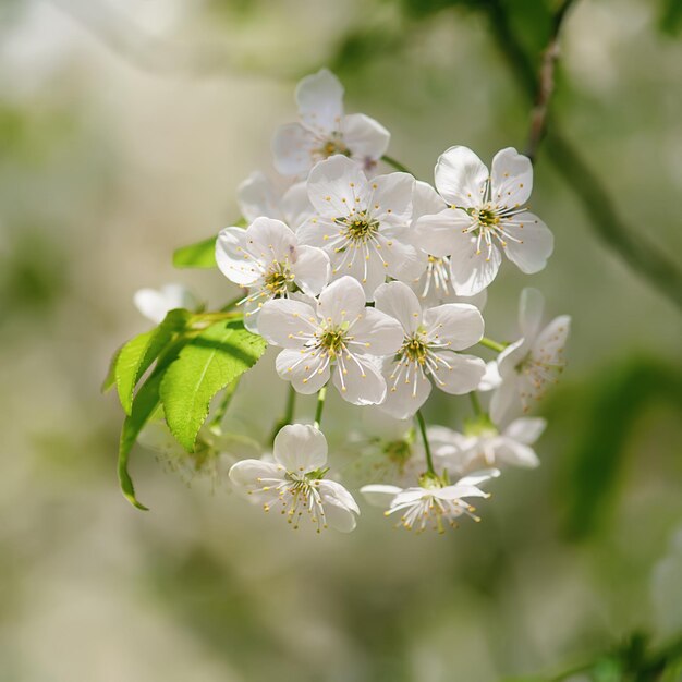 Het tot bloei komen van kersenbloemen in de lentetijd met groene bladeren, macro