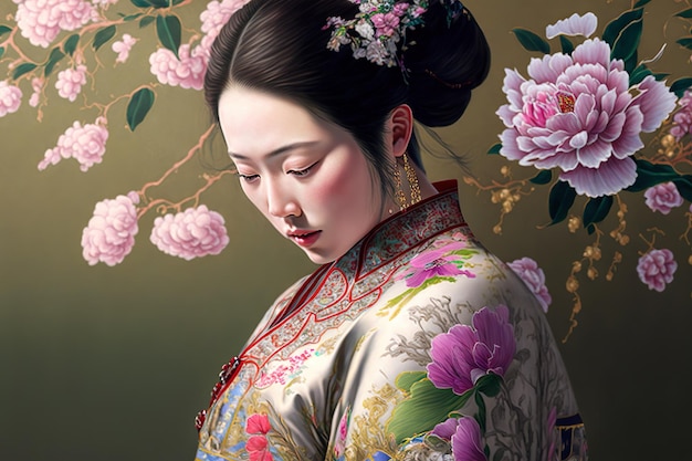 Het traditionele Japanse schilderij Feng draagt veel bloemen, Suzhou-borduurwerk en brokaatborduurwerk