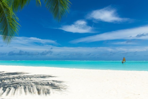 Het tropische eiland van de Maldiven met wit zandig strand en overzees