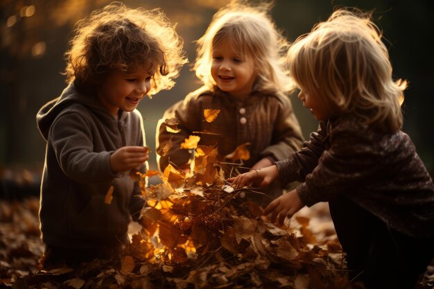 Het vallen in het seizoen Het vastleggen van vreugdevolle momenten van kinderen die met droge bladeren spelen ar 32