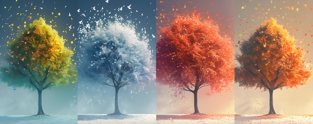 Het vastleggen van de pracht van de vier seizoenen door middel van een prachtige boom illustratie concept lentebloesems zomer groen herfstkleuren winter sereniteit