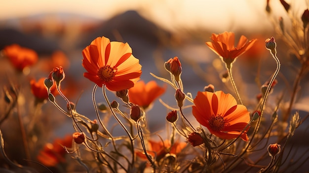 Het vastleggen van de schoonheid van de woestijn rode Cosmos bloemen in de zonsondergang