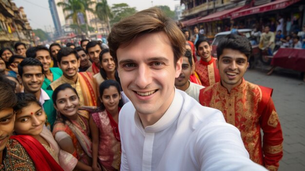 Foto het vastleggen van momenten traditionele selfie in levendige mumbai