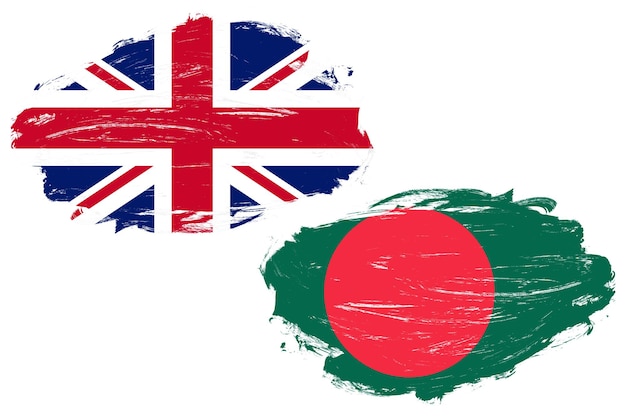 Het Verenigd Koninkrijk en de vlag van Bangladesh samen op een witte achtergrond van de slagborstel