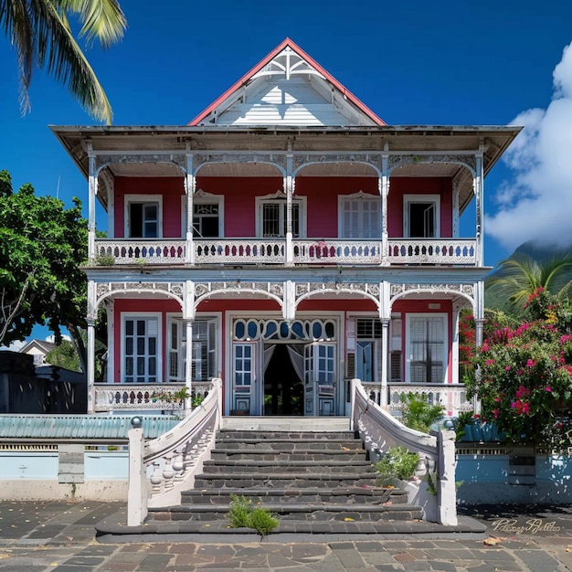 Het verkennen van de Franse koloniale architectuur in SaintDenis Roze en wit huis met trappen