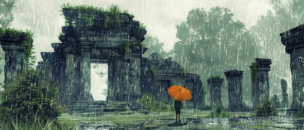 Het verkennen van de mysteries van een oude ruïne Reizen door zware regen met een stevige paraplu