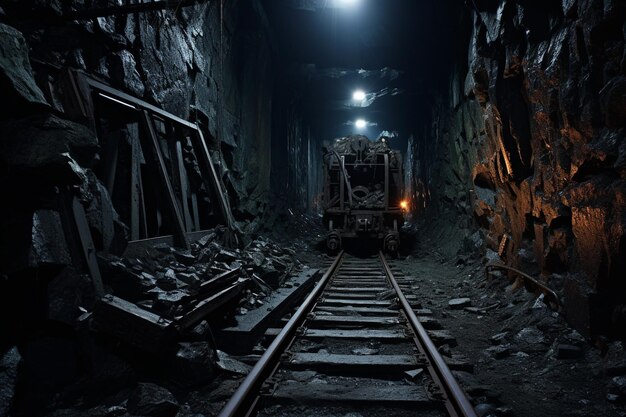 Het verkennen van een oude verlaten kolen- of minerale mijn Donkere en donkere schacht Herinneringen van oude trolley sporen