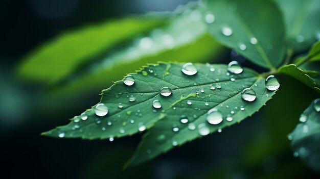 Foto het verkennen van reflecterende waterdruppels op een blad met een wazige, gefocuste achtergrond