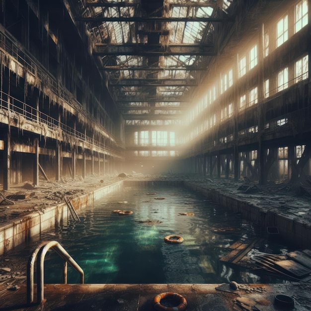 Het verlaten gebouw staat stil met een eenzame zwembad in het midden.