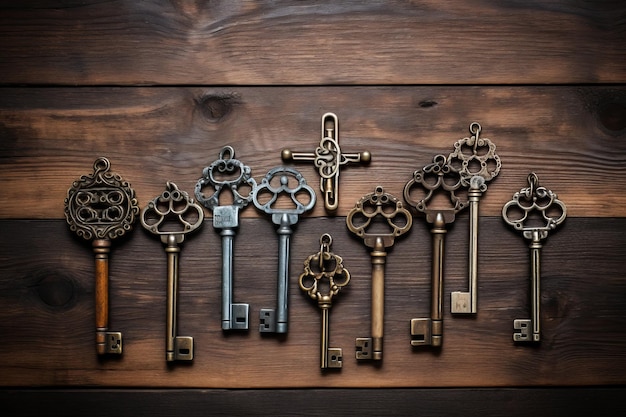 Het verleden ontsluiten Een verzameling vintage sleutels op een rustieke houten tafel