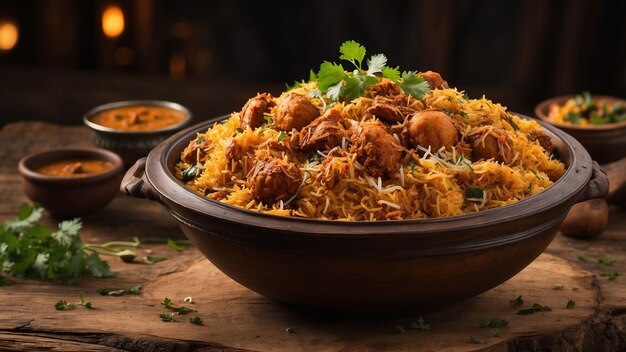 Het verleidelijke aroma van Hyderabad Biryani waait door de lucht terwijl het op een rustieke houten tafel zit.