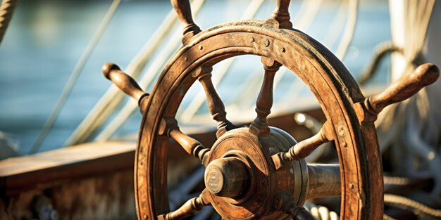 Het versleten stuur van een oud zeilschip spreekt over vele zeereizen
