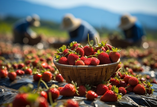 het verzamelen van aardbeienoogst op planting in de boerderij