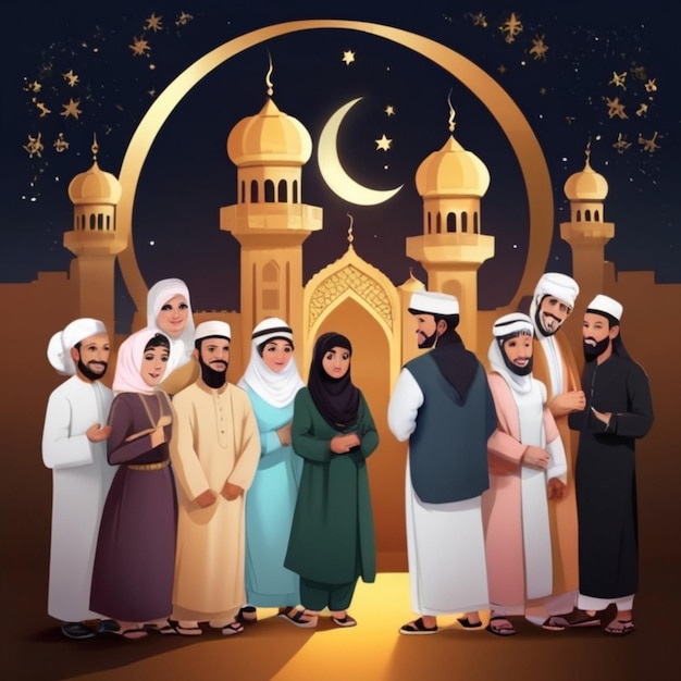 Het vieren van Eid al-Fitr Traditionele islamitische illustraties en Ramadan Reflecties