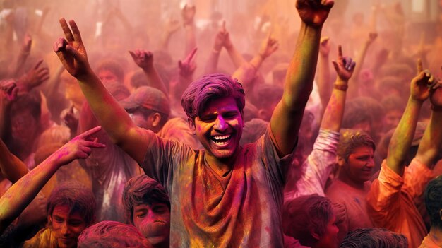 Het vieren van Holi, het festival van kleuren, gelukkige mensen die Holi vieren.