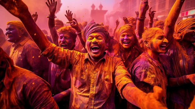 Het vieren van Holi, het festival van kleuren, gelukkige mensen die Holi vieren.