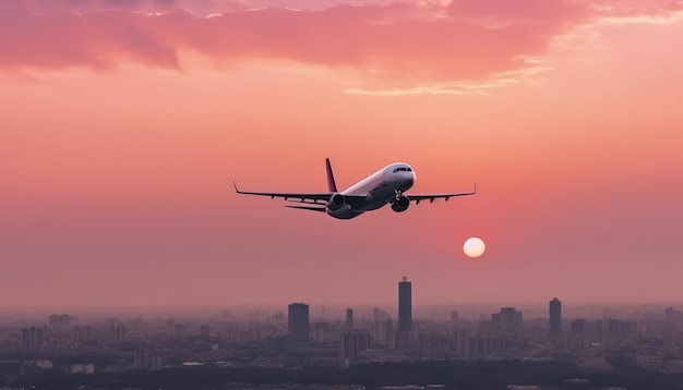 Het vliegtuig stijgt op tegen de achtergrond van de stad bij zonsondergang