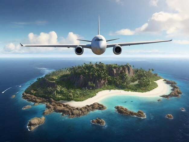 Het vliegtuig vliegt over eilanden.
