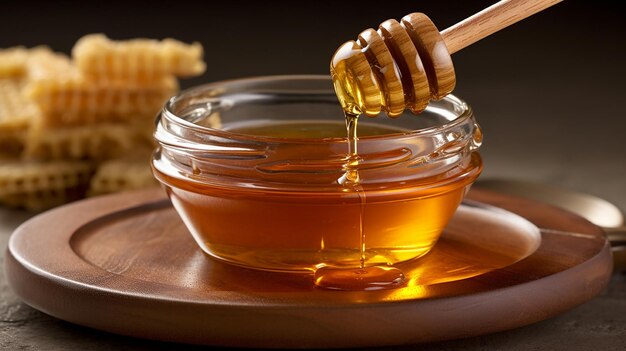 Het vloeibare goud van honing met zijn betoverende amberkleurige tint en verleidelijke druppels