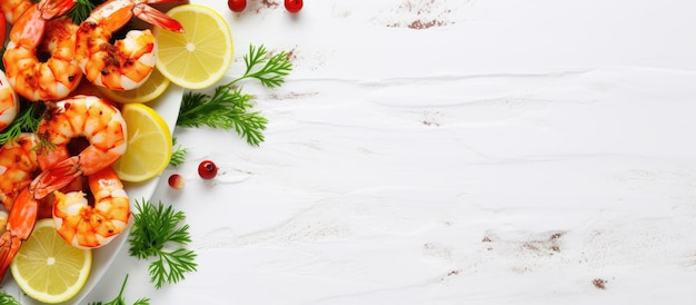 Het voorgerecht in een mediterrane keuken is garnalenspiesjes op een wit tafelblad met