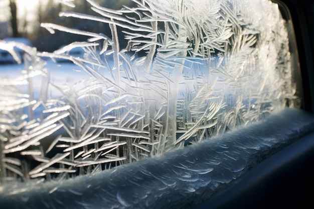 Het voorruit van een auto bedekt met vorst en ijs op een wintermorgen