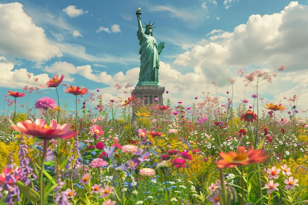 Het Vrijheidsbeeld omringd door een veld van bloemen