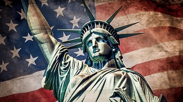 Foto het vrijheidsbeeld op de achtergrond van de amerikaanse vlag