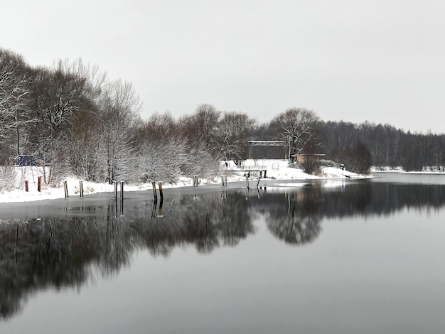 Het vroege besneeuwde winterlandschap met bosbomen die in meerwater worden weerspiegeld