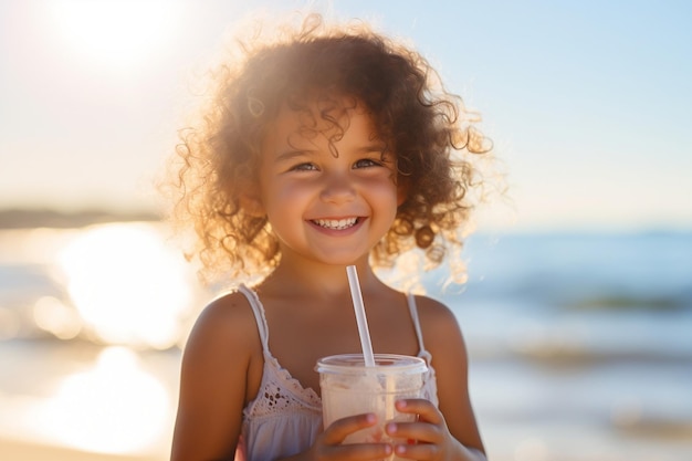 Het vrolijke jonge meisje drinkt graag van haar biologische smoothie Generative Ai