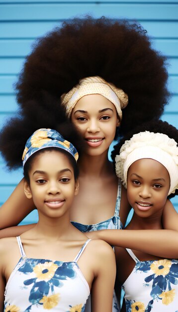 Het vrouwelijke portret van afrozusters vooraan een blauwe en witte achtergrond