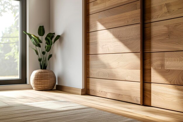 Het warme zonlicht badt in een minimalistische eiken kast die de natuurlijke houtkorrels en de serene sfeer van een modern huis tentoonstelt