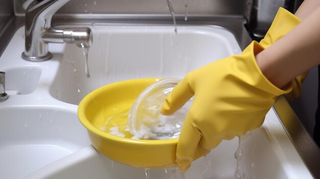 Het wassen van vensterglas met een doekhand in een gele handschoen gegenereerd door AI