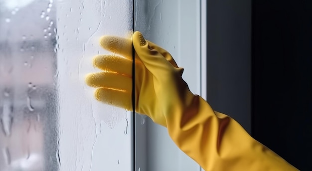 Het wassen van vensterglas met een vod hand in een gele handschoen AI gegenereerd