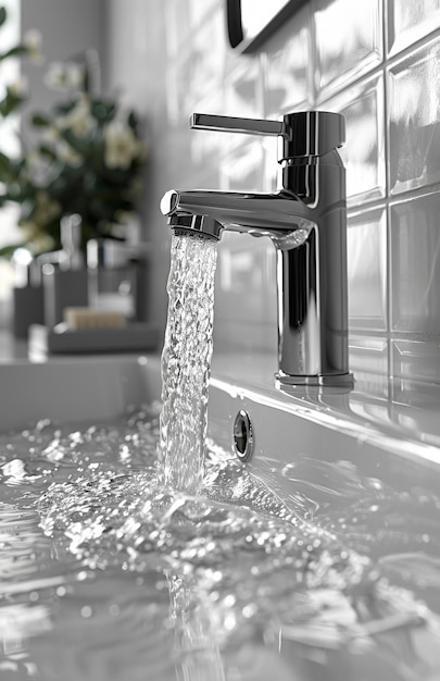 Het water stroomt uit de kraan in de badkamer.