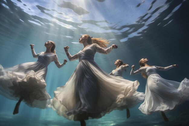 het water van de zee is gevuld met dansende vrouwen.