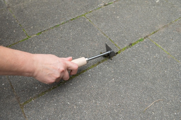 Het wieden van scheuren in de patio met handgereedschap