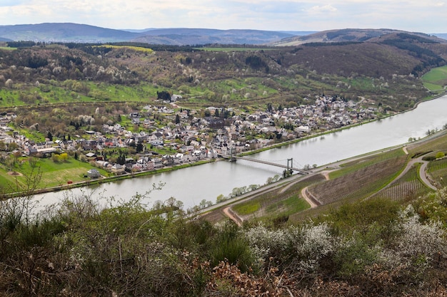 Foto het wijndorp wehlen een district van bernkastel-kues met de enige touwbrug aan de mosel