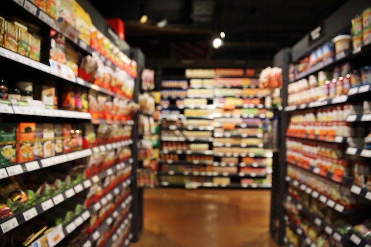 Foto het winkelen markt op onduidelijk beeldachtergrond