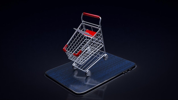 Het winkelwagentje op tablet voor e-commerce business 3D-renderingxA
