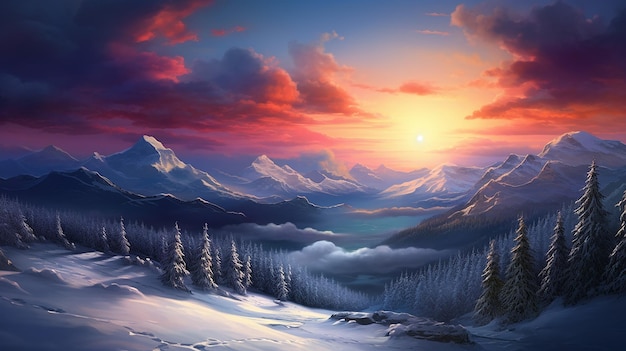 het winterberglandschap met majestueuze zonsopgang